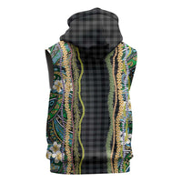Hawaiian Art Flower Tribal with Lei Sleeveless Zip Hoodie Palaka Pattern Black Color - Polynesian Pride