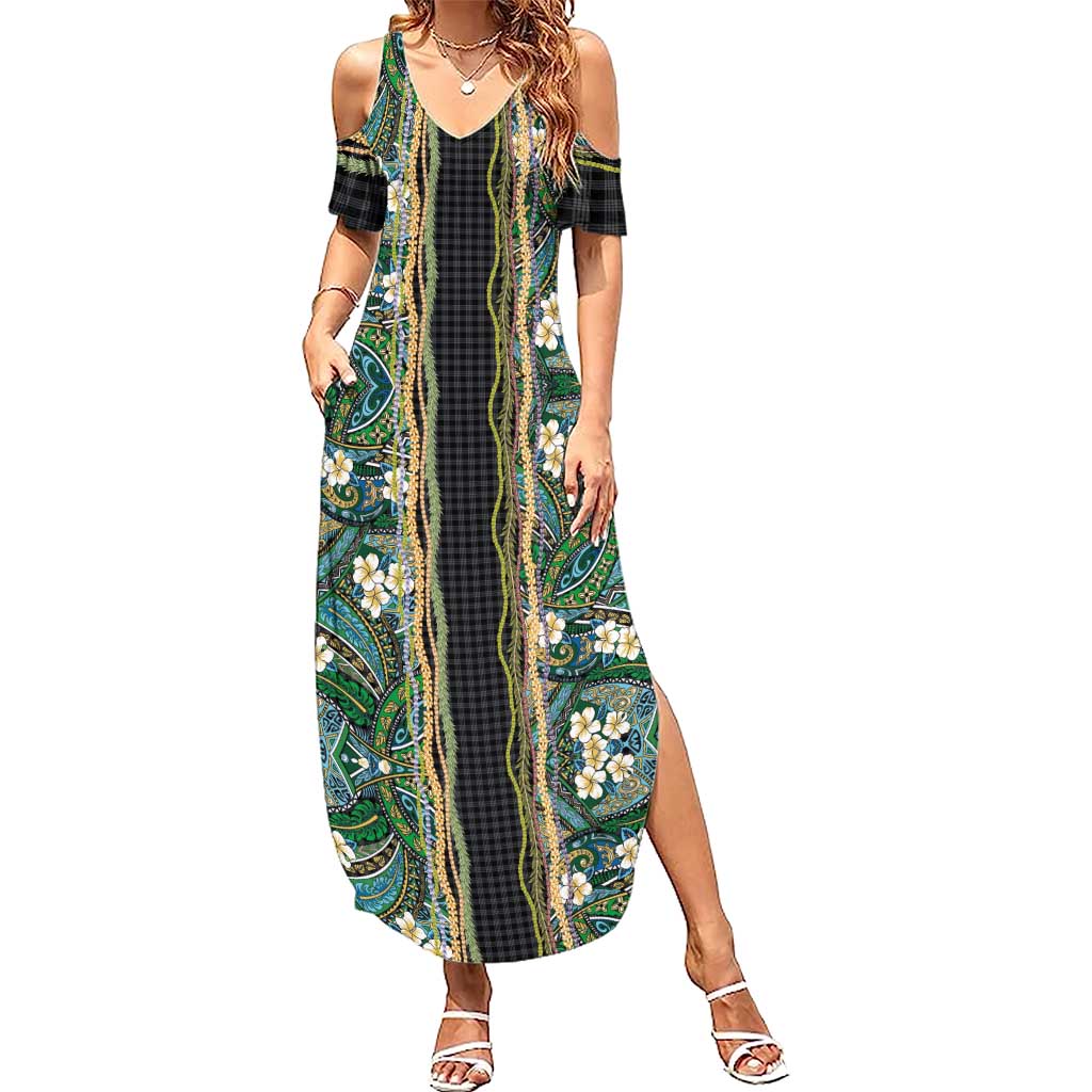 Hawaiian Art Flower Tribal with Lei Summer Maxi Dress Palaka Pattern Black Color - Polynesian Pride