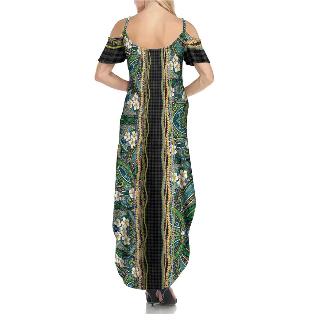 Hawaiian Art Flower Tribal with Lei Summer Maxi Dress Palaka Pattern Black Color - Polynesian Pride