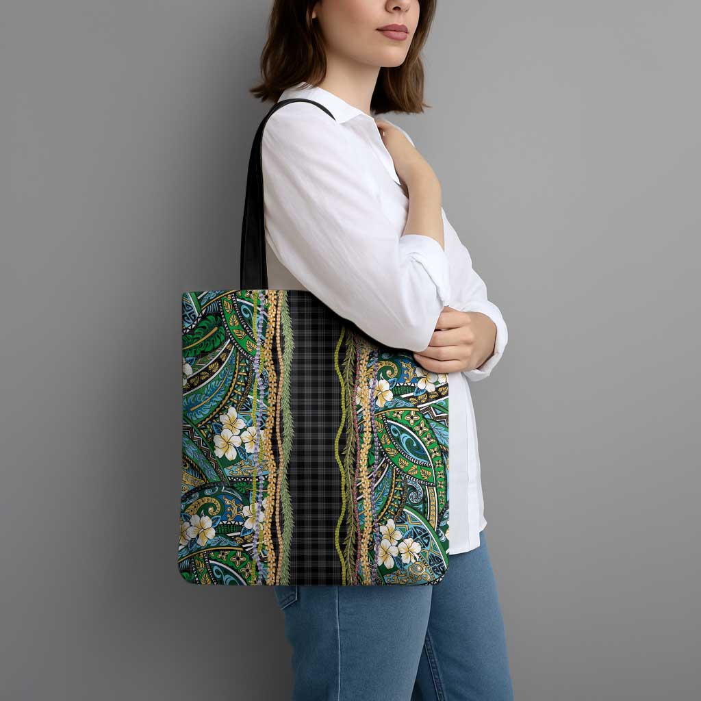 Hawaiian Art Flower Tribal with Lei Tote Bag Palaka Pattern Black Color - Polynesian Pride