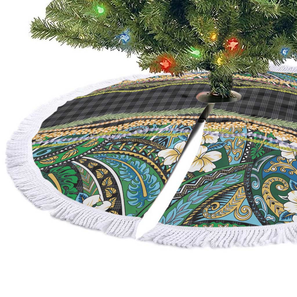 Hawaiian Art Flower Tribal with Lei Tree Skirt Palaka Pattern Black Color - Polynesian Pride