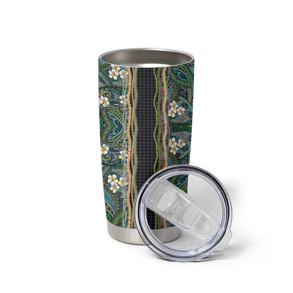 Hawaiian Art Flower Tribal with Lei Tumbler Cup Palaka Pattern Black Color - Polynesian Pride