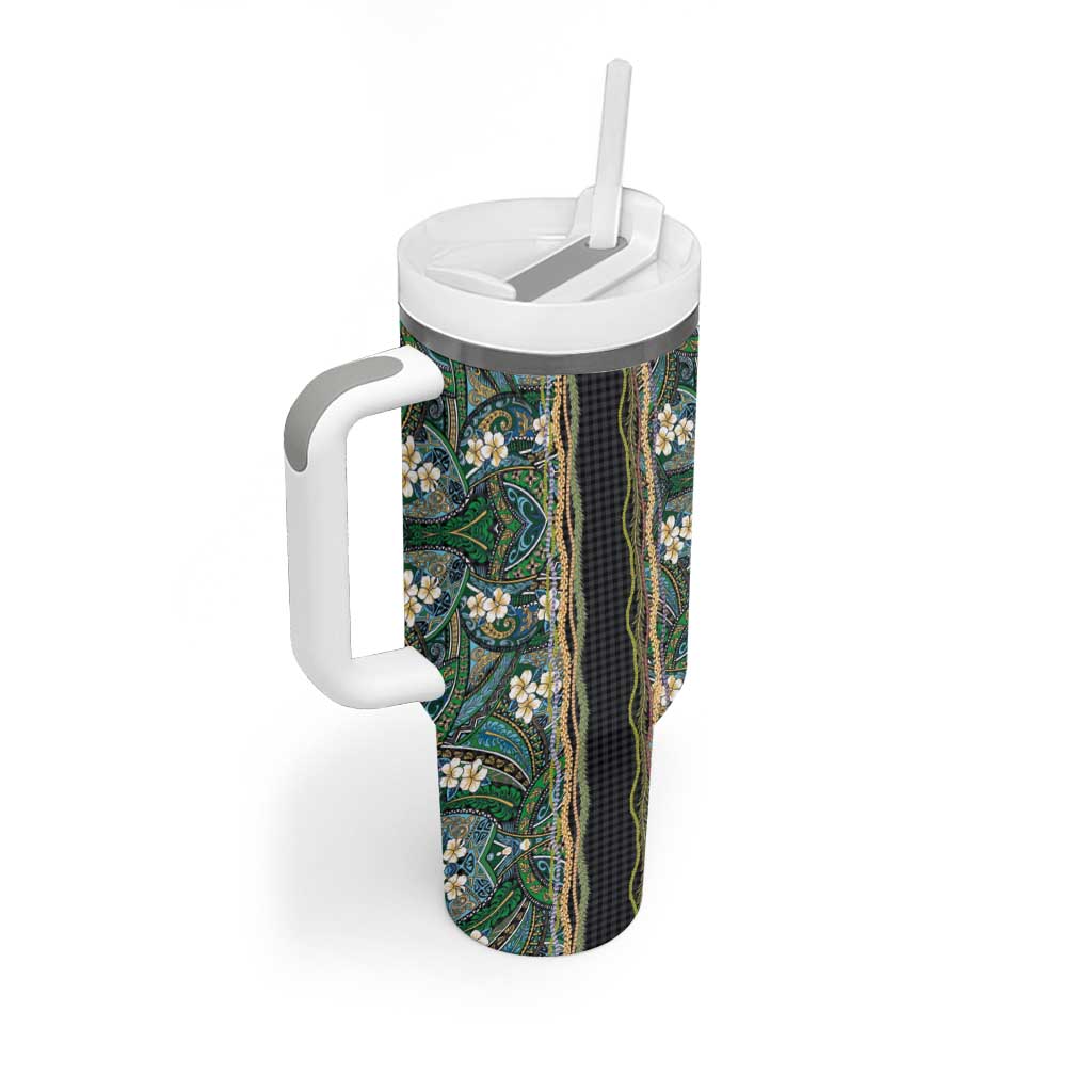 Hawaiian Art Flower Tribal with Lei Tumbler With Handle Palaka Pattern Black Color - Polynesian Pride