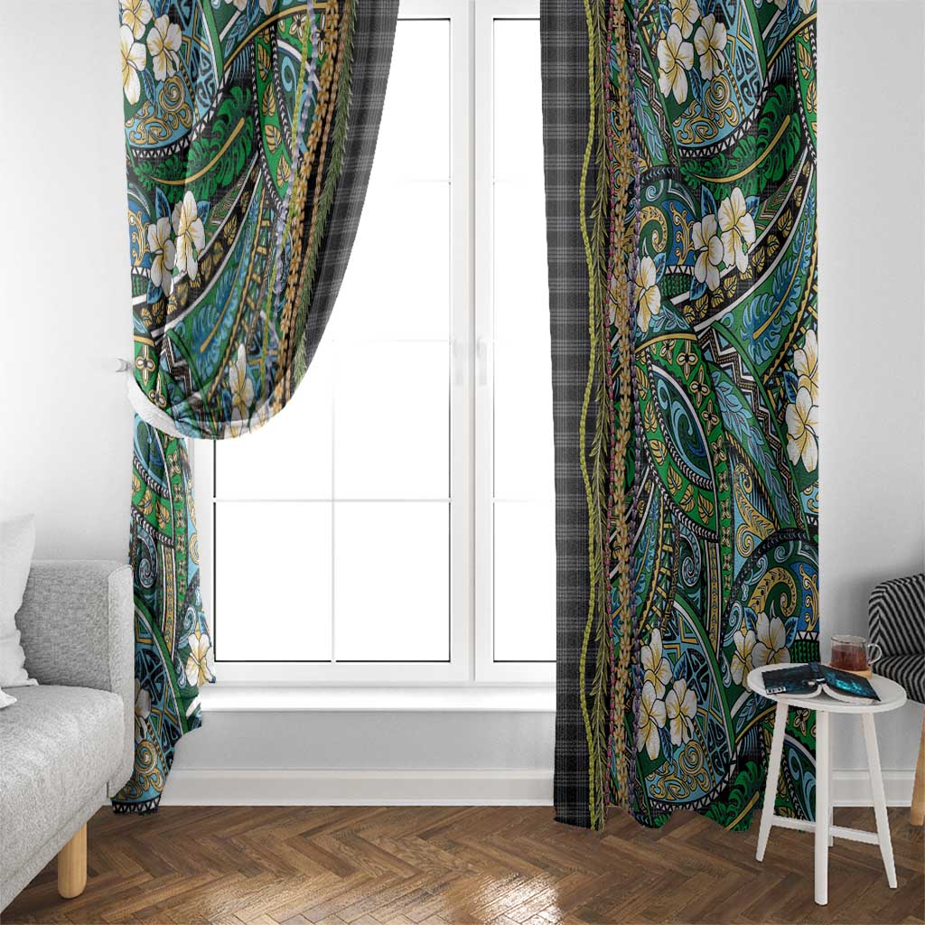 Hawaiian Art Flower Tribal with Lei Window Curtain Palaka Pattern Black Color - Polynesian Pride