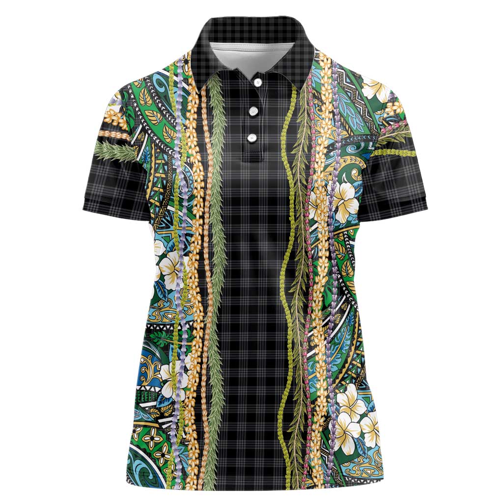 Hawaiian Art Flower Tribal with Lei Women Polo Shirt Palaka Pattern Black Color - Polynesian Pride