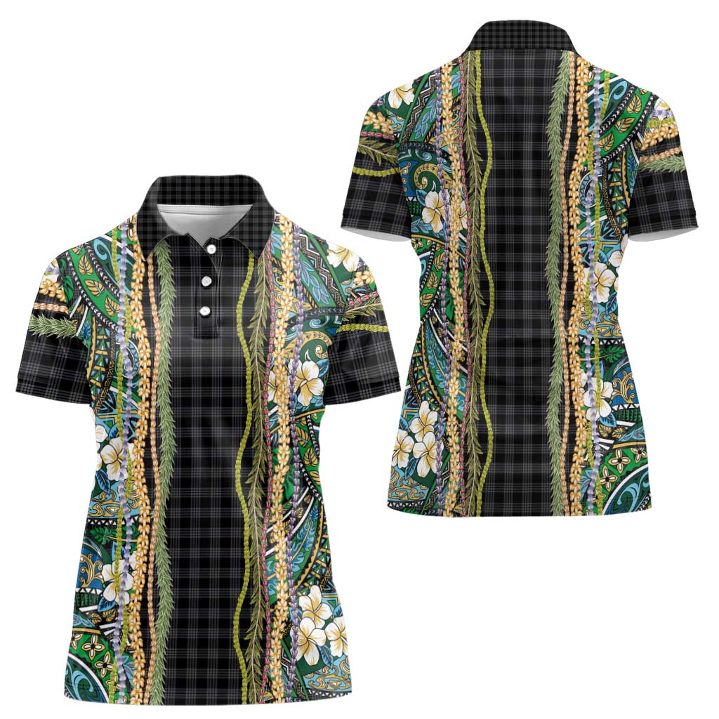 Hawaiian Art Flower Tribal with Lei Women Polo Shirt Palaka Pattern Black Color - Polynesian Pride