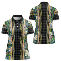 Hawaiian Art Flower Tribal with Lei Women Polo Shirt Palaka Pattern Black Color - Polynesian Pride