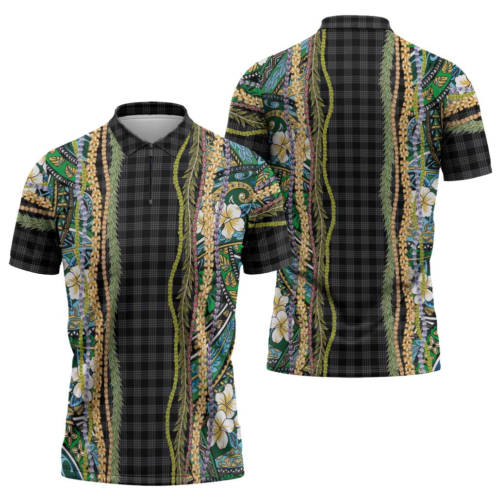 Hawaiian Art Flower Tribal with Lei Zipper Polo Shirt Palaka Pattern Black Color - Polynesian Pride