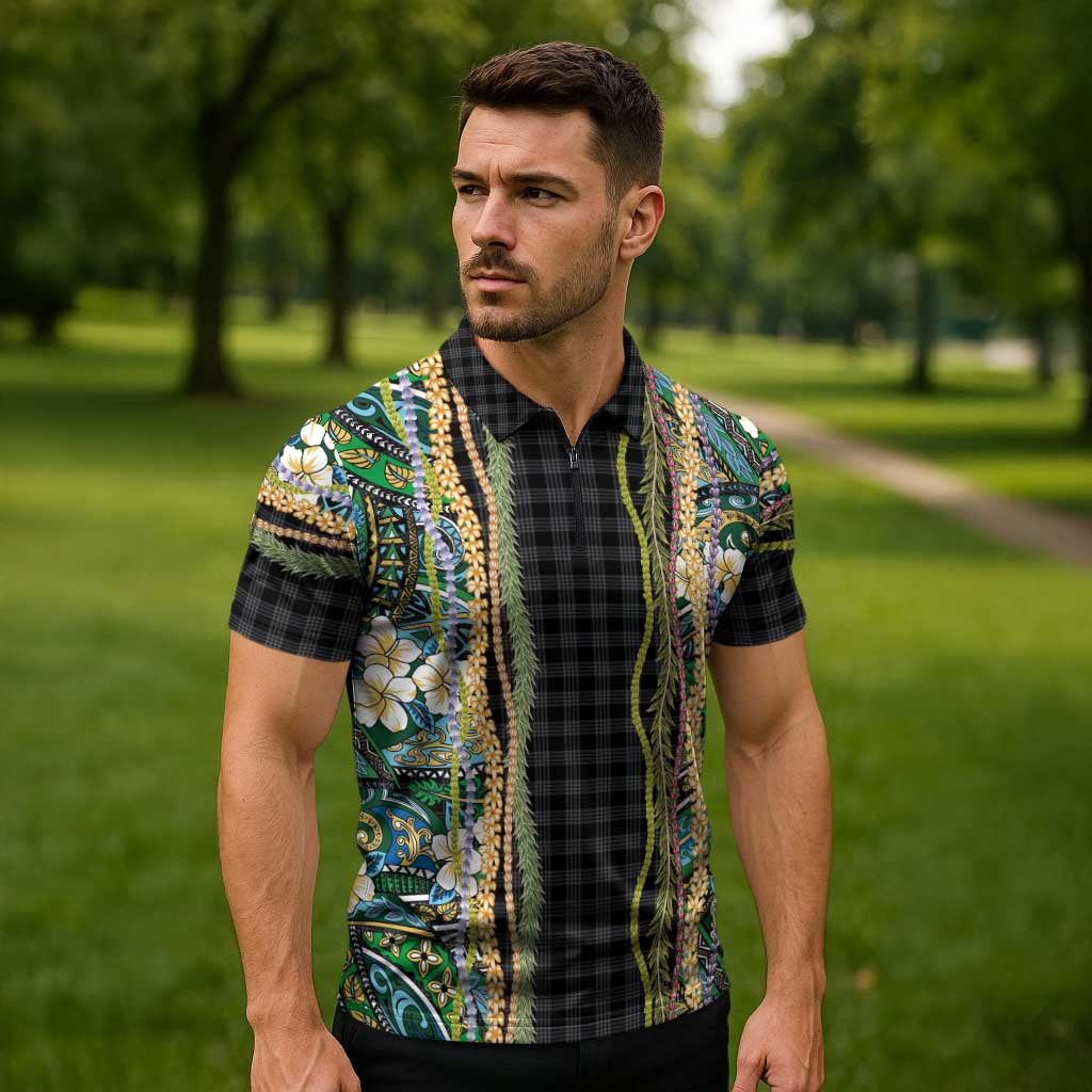 Hawaiian Art Flower Tribal with Lei Zipper Polo Shirt Palaka Pattern Black Color - Polynesian Pride