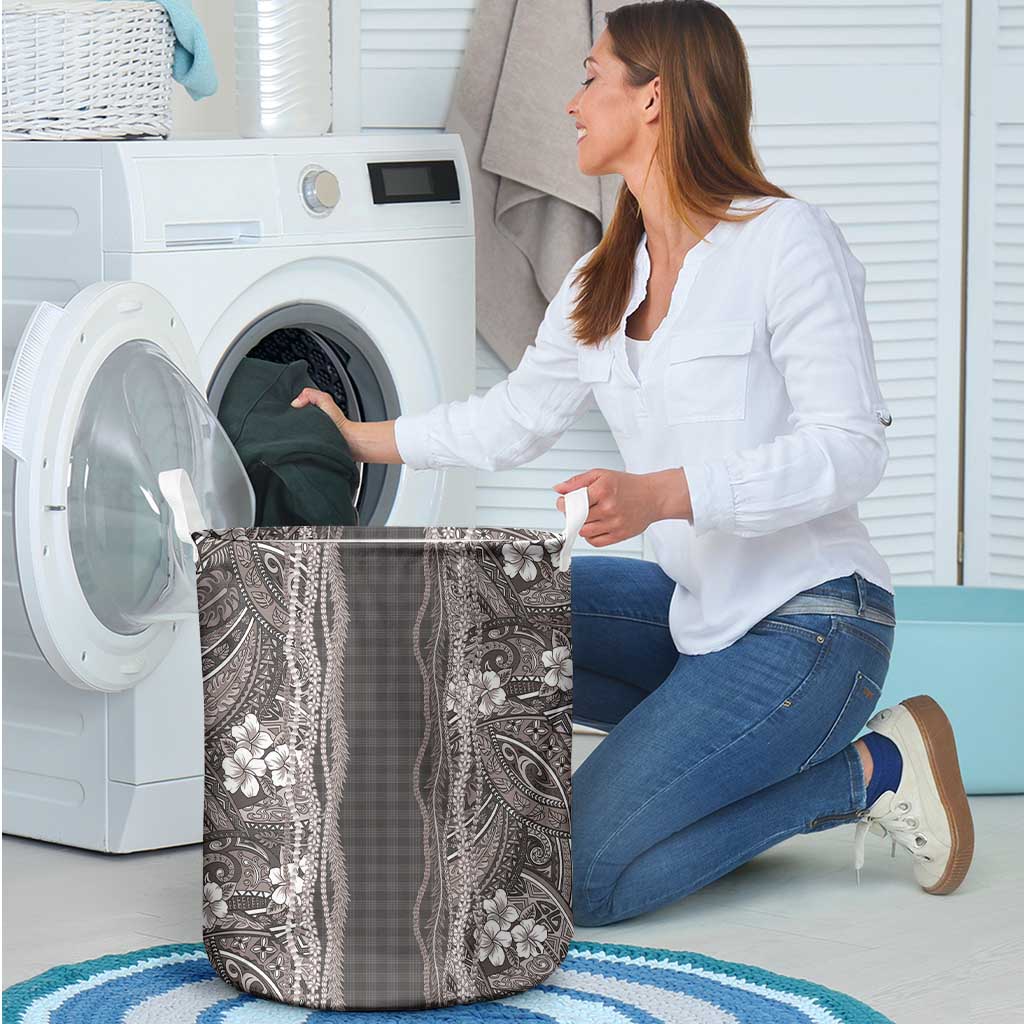Hawaiian Art Flower Tribal with Lei Laundry Basket Palaka Pattern Grayscale - Polynesian Pride