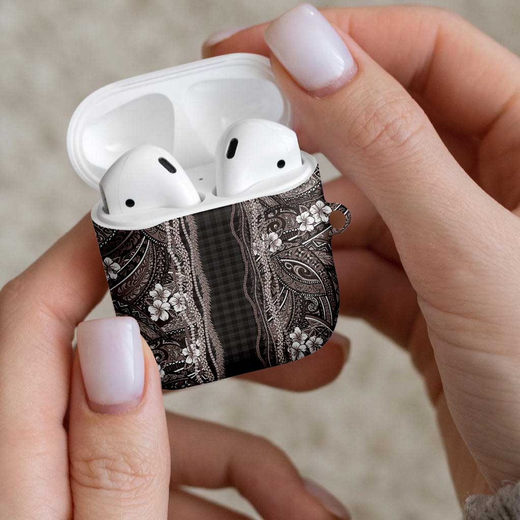Hawaiian Art Flower Tribal with Lei AirPods Case Palaka Pattern Grayscale - Polynesian Pride