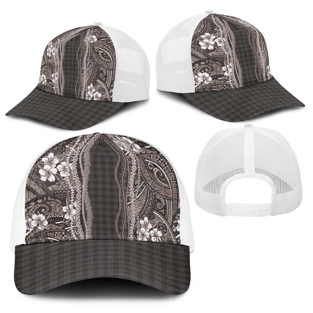 Hawaiian Art Flower Tribal with Lei Baseball Net Cap Palaka Pattern Grayscale - Polynesian Pride