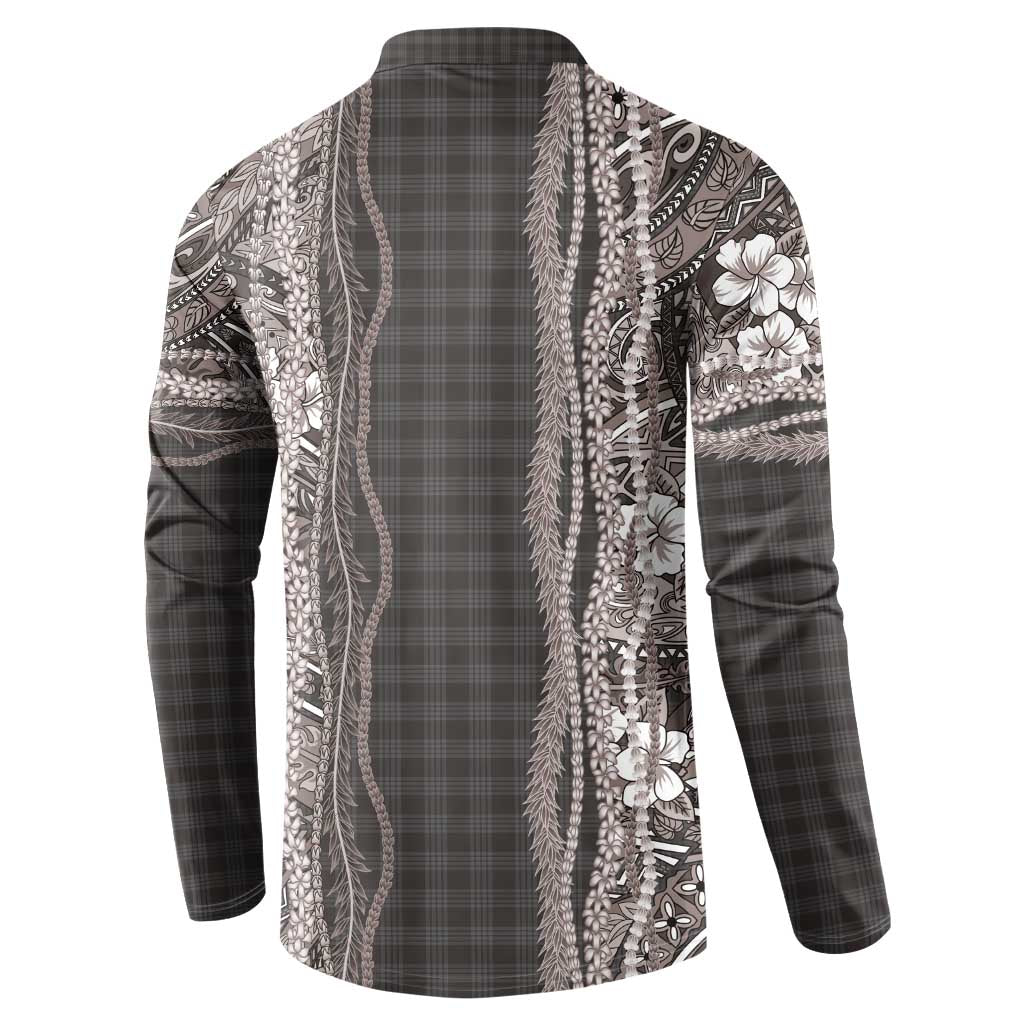 Hawaiian Art Flower Tribal with Lei Button Sweatshirt Palaka Pattern Grayscale - Polynesian Pride