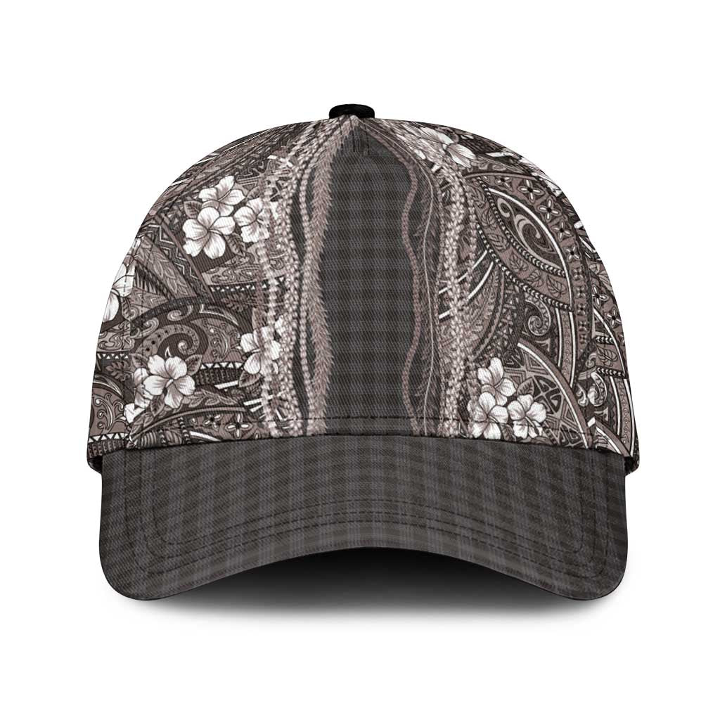 Hawaiian Art Flower Tribal with Lei Classic Cap Palaka Pattern Grayscale - Polynesian Pride