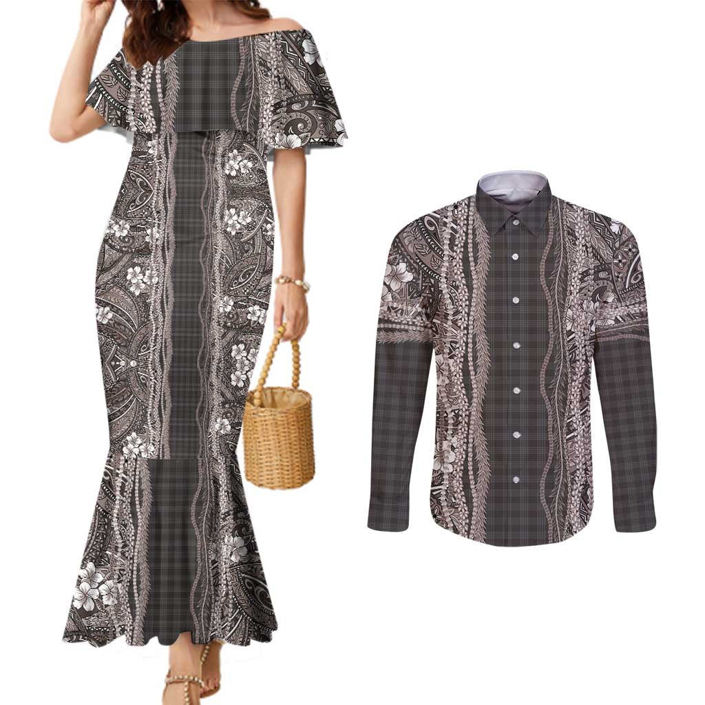 Hawaiian Art Flower Tribal with Lei Couples Matching Mermaid Dress and Long Sleeve Button Shirt Palaka Pattern Grayscale LT03 Gray - Polynesian Pride
