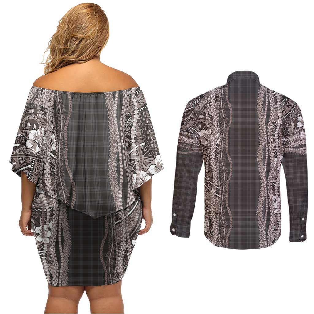 Hawaiian Art Flower Tribal with Lei Couples Matching Off Shoulder Short Dress and Long Sleeve Button Shirt Palaka Pattern Grayscale LT03 - Polynesian Pride