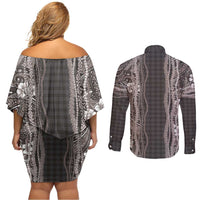 Hawaiian Art Flower Tribal with Lei Couples Matching Off Shoulder Short Dress and Long Sleeve Button Shirt Palaka Pattern Grayscale LT03 - Polynesian Pride