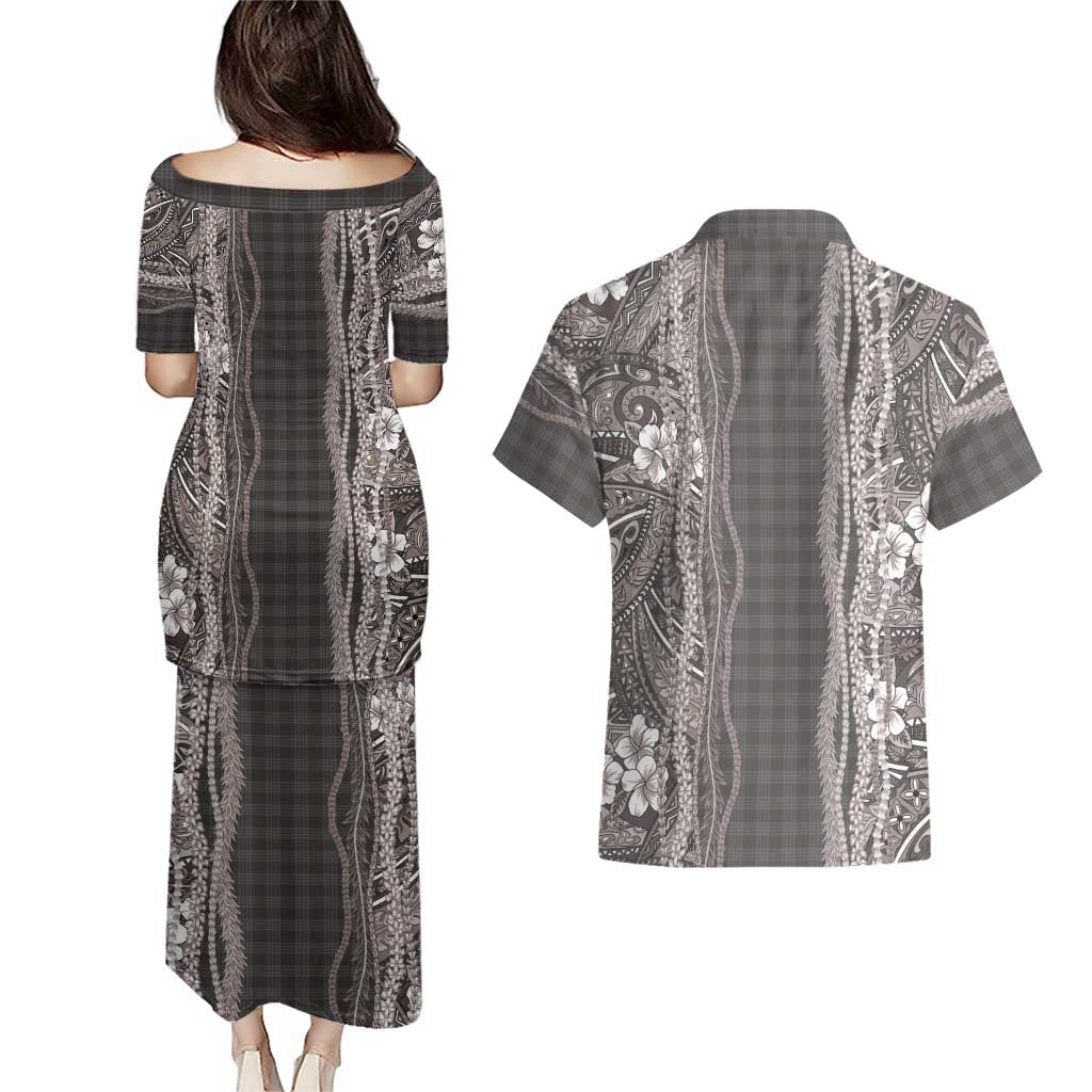 Hawaiian Art Flower Tribal with Lei Couples Matching Puletasi and Hawaiian Shirt Palaka Pattern Grayscale - Polynesian Pride