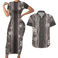 Hawaiian Art Flower Tribal with Lei Couples Matching Short Sleeve Bodycon Dress and Hawaiian Shirt Palaka Pattern Grayscale - Polynesian Pride