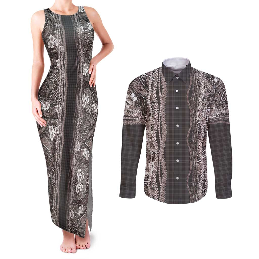 Hawaiian Art Flower Tribal with Lei Couples Matching Tank Maxi Dress and Long Sleeve Button Shirt Palaka Pattern Grayscale - Polynesian Pride