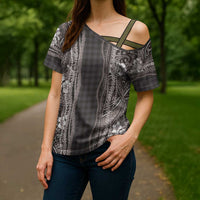 Hawaiian Art Flower Tribal with Lei Cross Shoulder Shirt Palaka Pattern Grayscale - Polynesian Pride