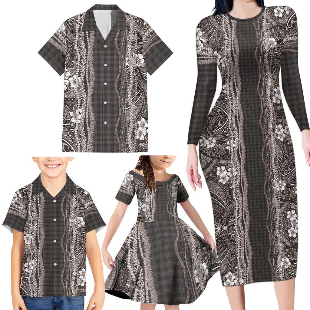Hawaiian Art Flower Tribal with Lei Family Matching Long Sleeve Bodycon Dress and Hawaiian Shirt Palaka Pattern Grayscale - Polynesian Pride