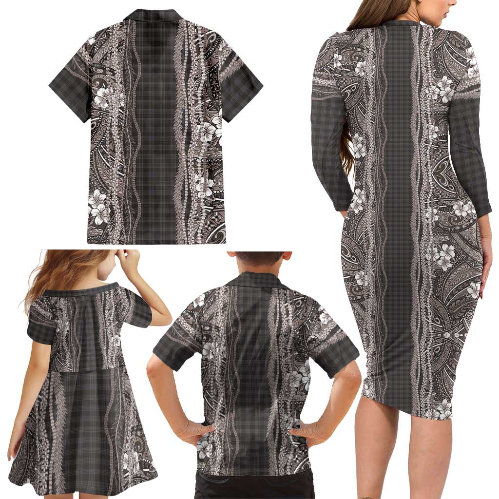 Hawaiian Art Flower Tribal with Lei Family Matching Long Sleeve Bodycon Dress and Hawaiian Shirt Palaka Pattern Grayscale LT03 - Polynesian Pride