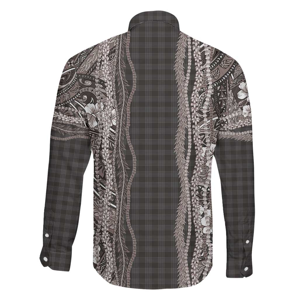 Hawaiian Art Flower Tribal with Lei Family Matching Long Sleeve Bodycon Dress and Hawaiian Shirt Palaka Pattern Grayscale LT03 - Polynesian Pride