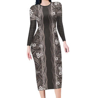 Hawaiian Art Flower Tribal with Lei Family Matching Long Sleeve Bodycon Dress and Hawaiian Shirt Palaka Pattern Grayscale LT03 Mom's Dress Gray - Polynesian Pride