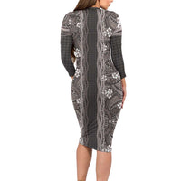 Hawaiian Art Flower Tribal with Lei Family Matching Long Sleeve Bodycon Dress and Hawaiian Shirt Palaka Pattern Grayscale LT03 - Polynesian Pride