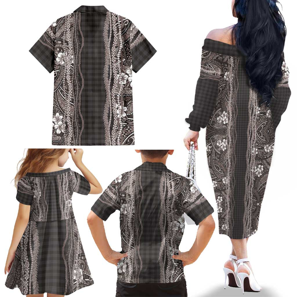 Hawaiian Art Flower Tribal with Lei Family Matching Off The Shoulder Long Sleeve Dress and Hawaiian Shirt Palaka Pattern Grayscale LT03 - Polynesian Pride