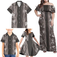 Hawaiian Art Flower Tribal with Lei Family Matching Off Shoulder Maxi Dress and Hawaiian Shirt Palaka Pattern Grayscale LT03 - Polynesian Pride