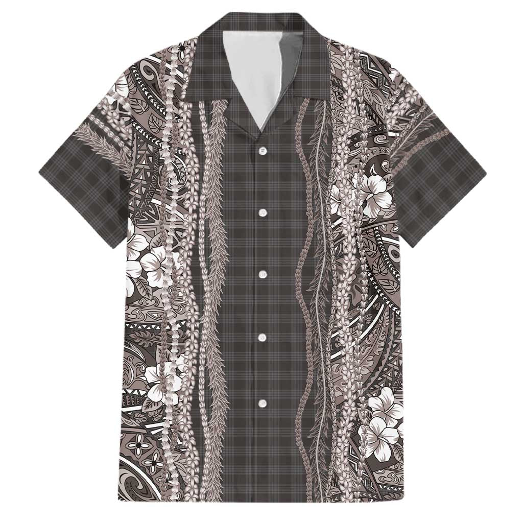 Hawaiian Art Flower Tribal with Lei Family Matching Off Shoulder Maxi Dress and Hawaiian Shirt Palaka Pattern Grayscale LT03 Dad's Shirt - Short Sleeve Gray - Polynesian Pride