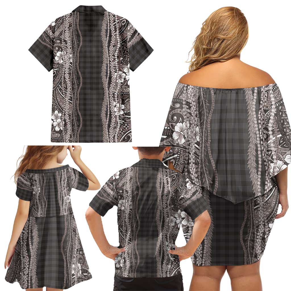 Hawaiian Art Flower Tribal with Lei Family Matching Off Shoulder Short Dress and Hawaiian Shirt Palaka Pattern Grayscale LT03 - Polynesian Pride