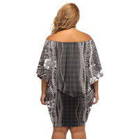 Hawaiian Art Flower Tribal with Lei Family Matching Off Shoulder Short Dress and Hawaiian Shirt Palaka Pattern Grayscale LT03 - Polynesian Pride
