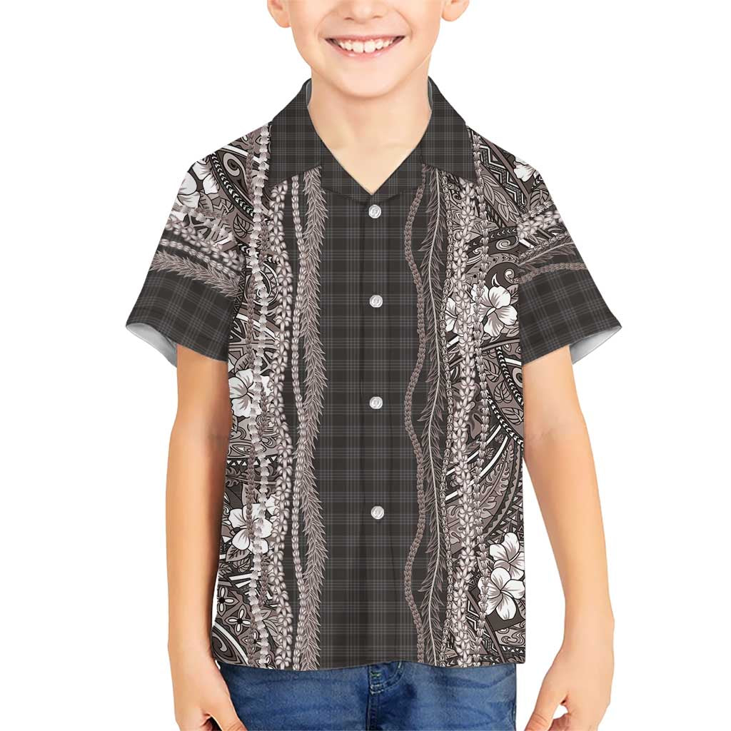Hawaiian Art Flower Tribal with Lei Family Matching Off Shoulder Short Dress and Hawaiian Shirt Palaka Pattern Grayscale LT03 Son's Shirt Gray - Polynesian Pride