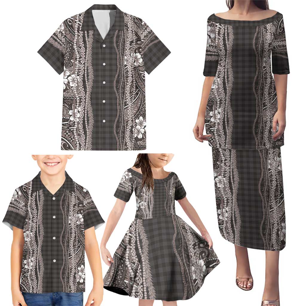 Hawaiian Art Flower Tribal with Lei Family Matching Puletasi and Hawaiian Shirt Palaka Pattern Grayscale - Polynesian Pride