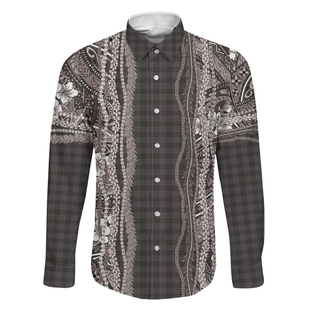 Hawaiian Art Flower Tribal with Lei Family Matching Puletasi and Hawaiian Shirt Palaka Pattern Grayscale - Polynesian Pride