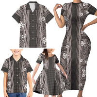 Hawaiian Art Flower Tribal with Lei Family Matching Short Sleeve Bodycon Dress and Hawaiian Shirt Palaka Pattern Grayscale LT03 - Polynesian Pride