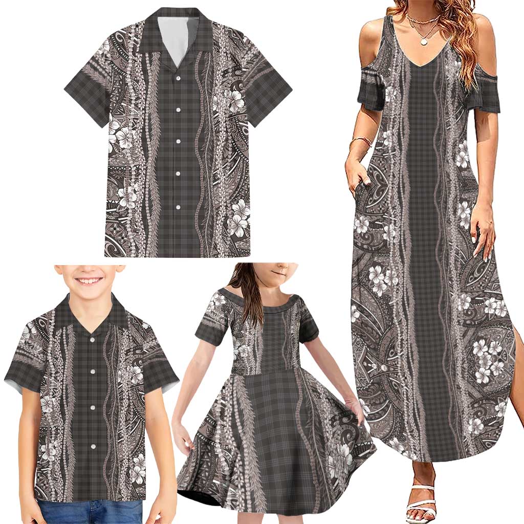 Hawaiian Art Flower Tribal with Lei Family Matching Summer Maxi Dress and Hawaiian Shirt Palaka Pattern Grayscale LT03 - Polynesian Pride
