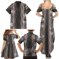 Hawaiian Art Flower Tribal with Lei Family Matching Summer Maxi Dress and Hawaiian Shirt Palaka Pattern Grayscale LT03 - Polynesian Pride