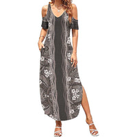 Hawaiian Art Flower Tribal with Lei Family Matching Summer Maxi Dress and Hawaiian Shirt Palaka Pattern Grayscale LT03 Mom's Dress Gray - Polynesian Pride