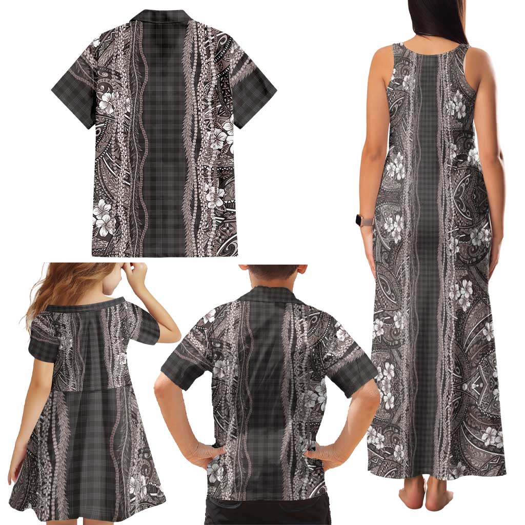 Hawaiian Art Flower Tribal with Lei Family Matching Tank Maxi Dress and Hawaiian Shirt Palaka Pattern Grayscale LT03 - Polynesian Pride