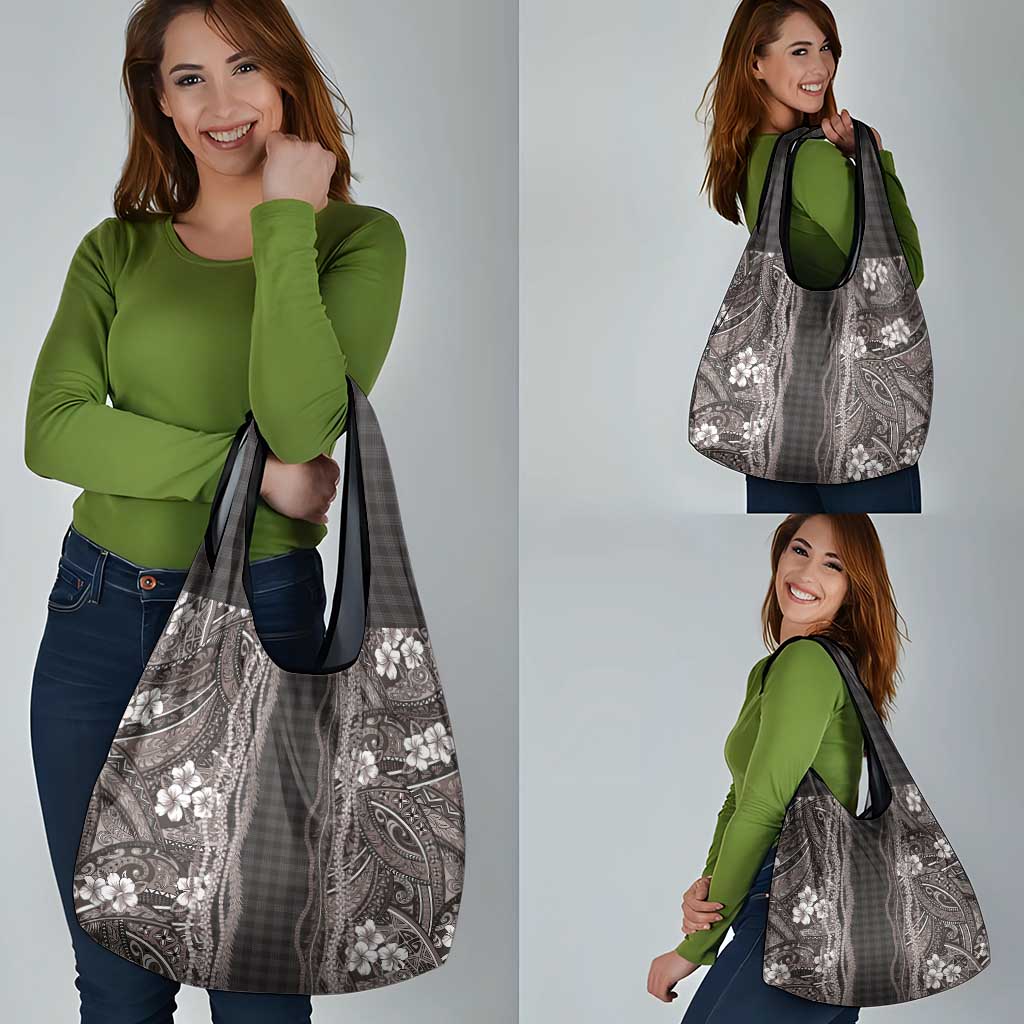 Hawaiian Art Flower Tribal with Lei Grocery Bag Palaka Pattern Grayscale - Polynesian Pride