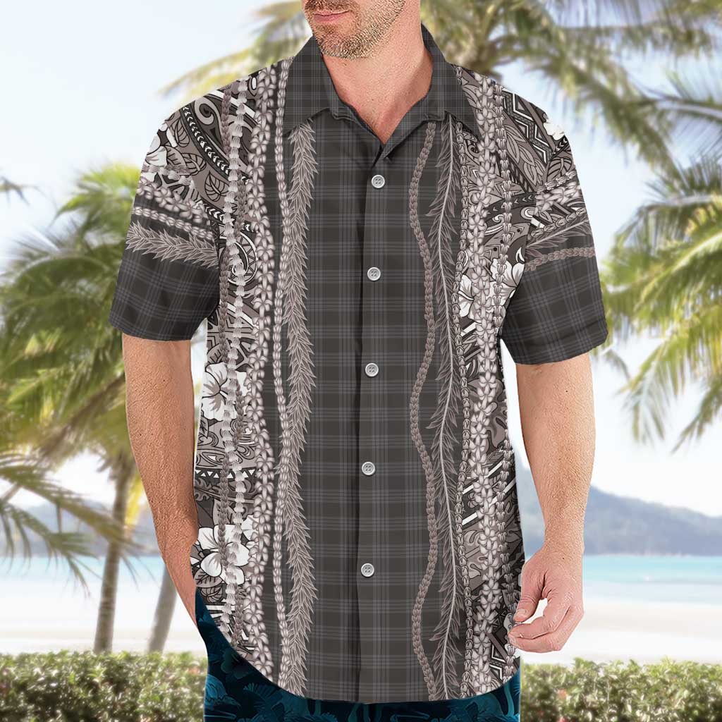 Hawaiian Art Flower Tribal with Lei Hawaiian Shirt Palaka Pattern Grayscale - Polynesian Pride