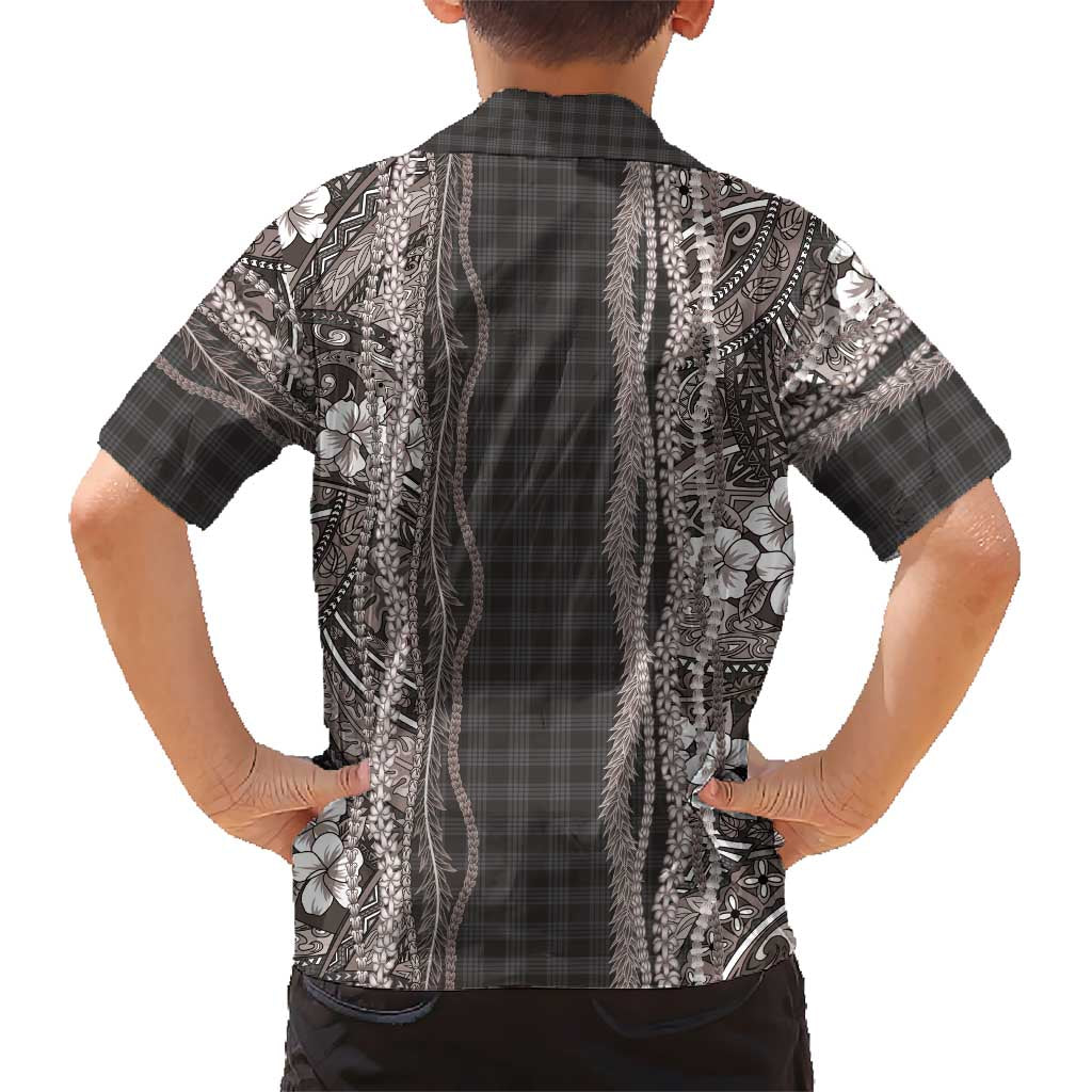 Hawaiian Art Flower Tribal with Lei Kid Hawaiian Shirt Palaka Pattern Grayscale - Polynesian Pride