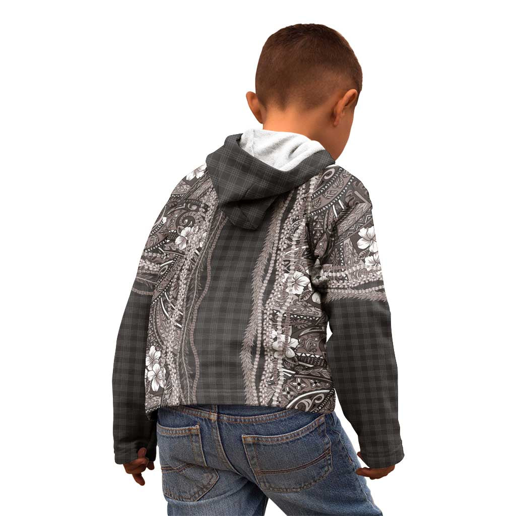 Hawaiian Art Flower Tribal with Lei Kid Hoodie Palaka Pattern Grayscale - Polynesian Pride