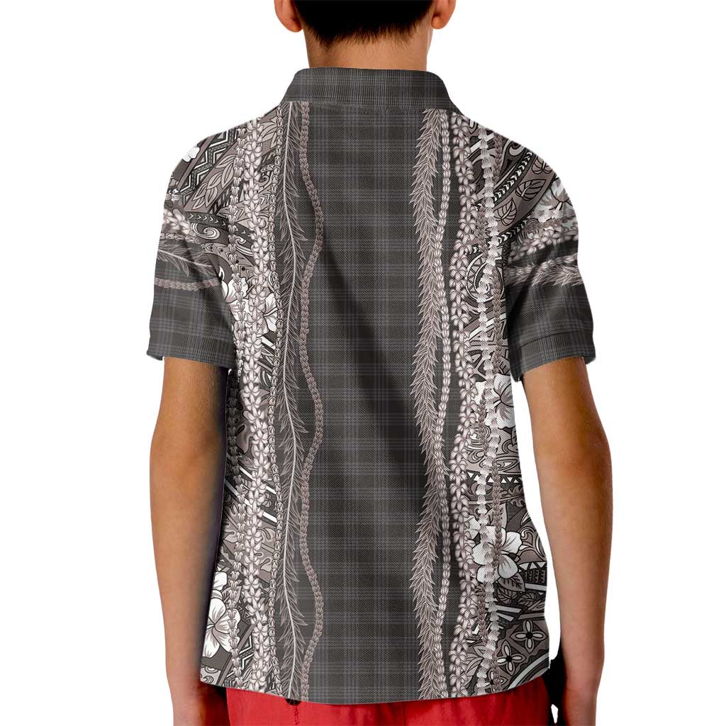 Hawaiian Art Flower Tribal with Lei Kid Polo Shirt Palaka Pattern Grayscale - Polynesian Pride