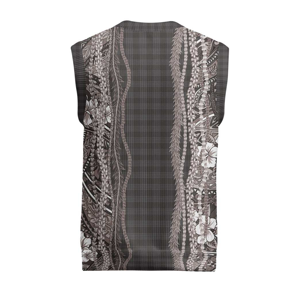 Hawaiian Art Flower Tribal with Lei Christmas Knitted V-Neck Vest Palaka Pattern Grayscale - Polynesian Pride