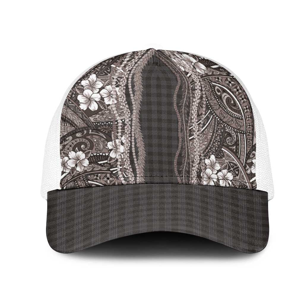 Hawaiian Art Flower Tribal with Lei Mesh Trucker Cap Palaka Pattern Grayscale - Polynesian Pride